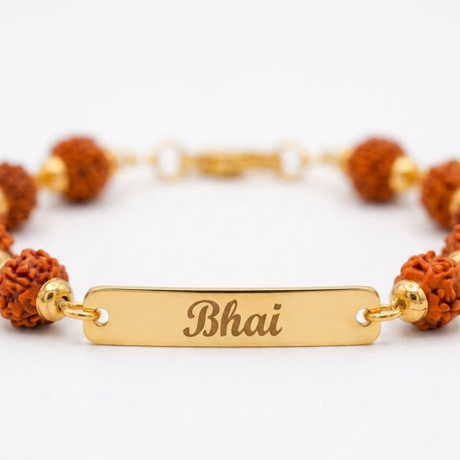 Personalised Rudraksha Gold Name Rakhi
