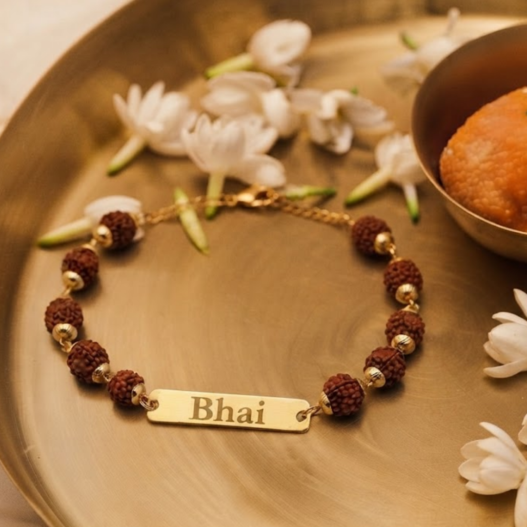 Personalised Rudraksha Gold Name Rakhi