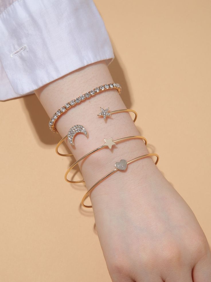 Gold Star &amp; Heart Charm Bangle Stack – 18K Gold Plated