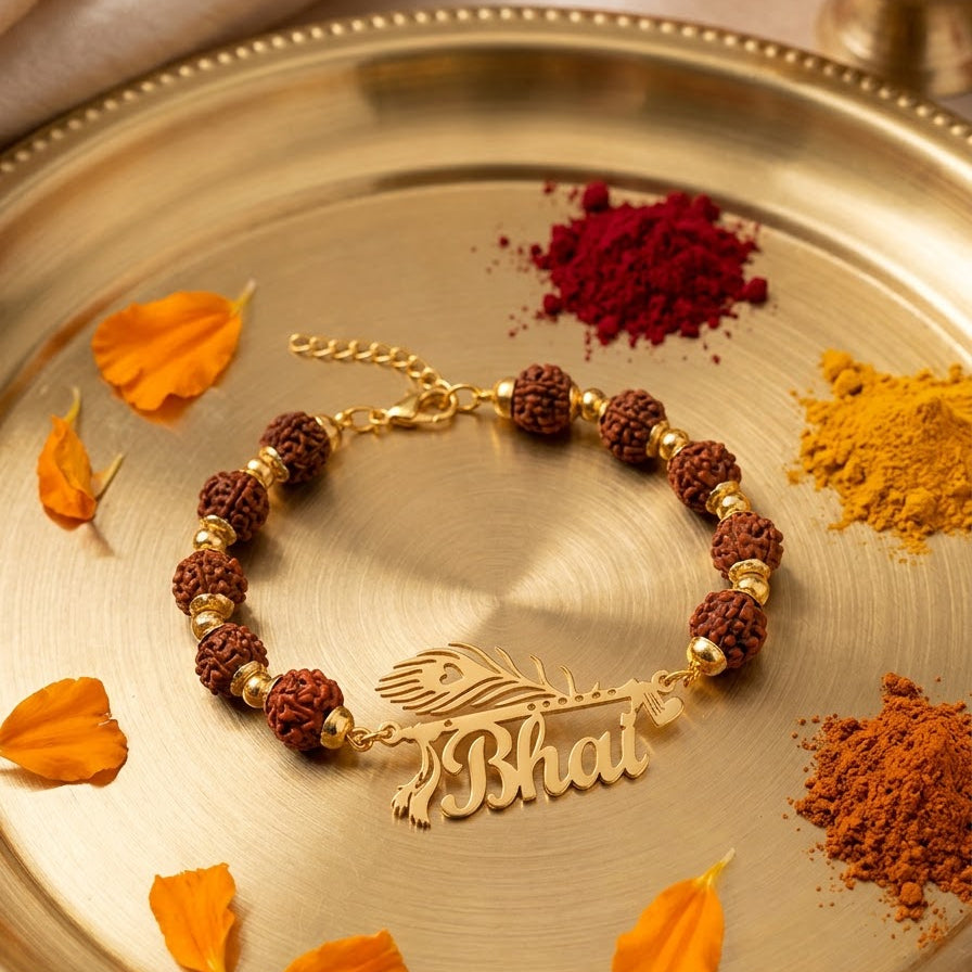 Personalised Morpankh Rudraksh Golden Rakhi