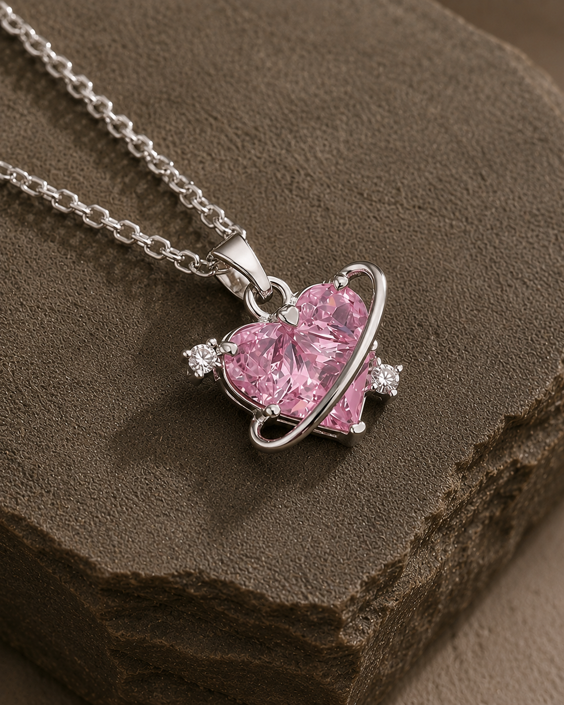Celestial Pink Heart Orbit Necklace