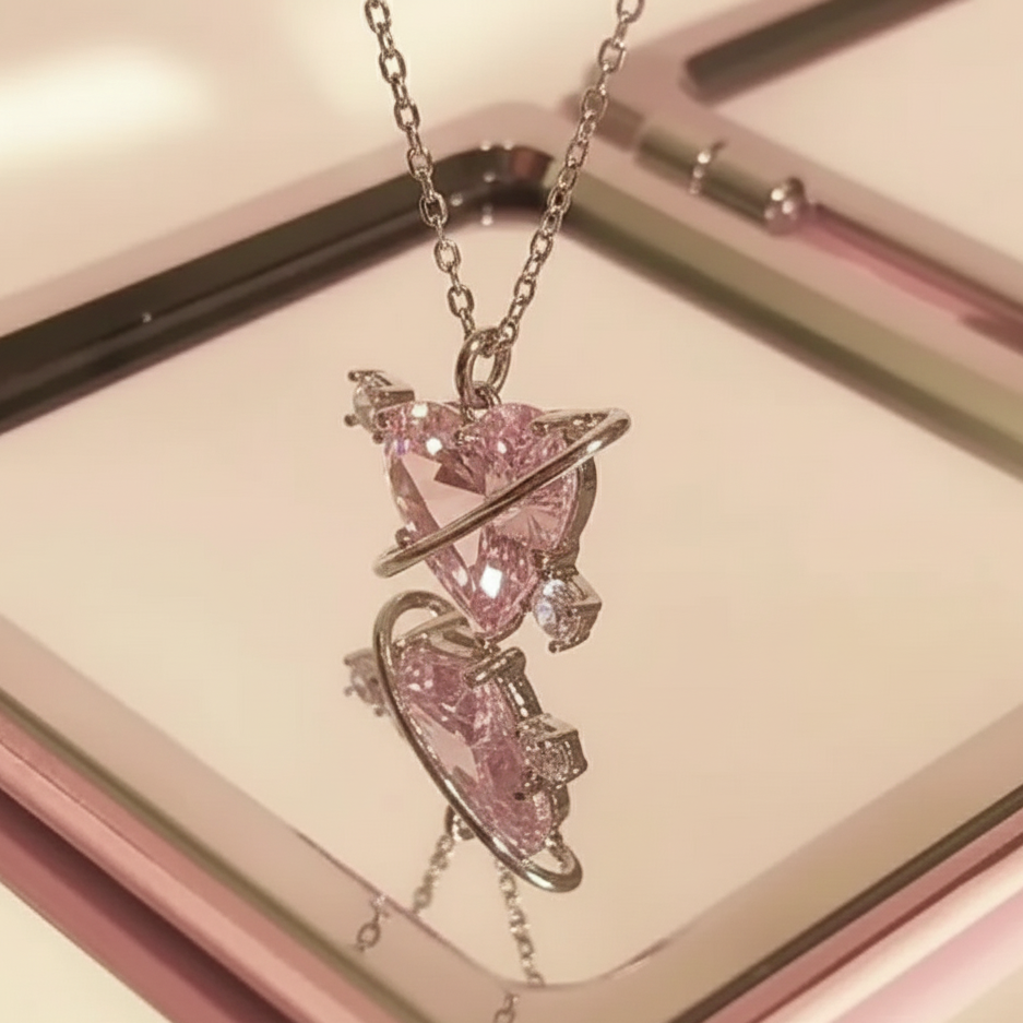 Celestial Pink Heart Orbit Necklace