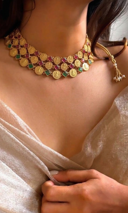 Shubh Lakshmi Ganesh Coin Temple Necklace