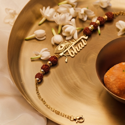 Personalised Morpankh Rudraksh Golden Rakhi