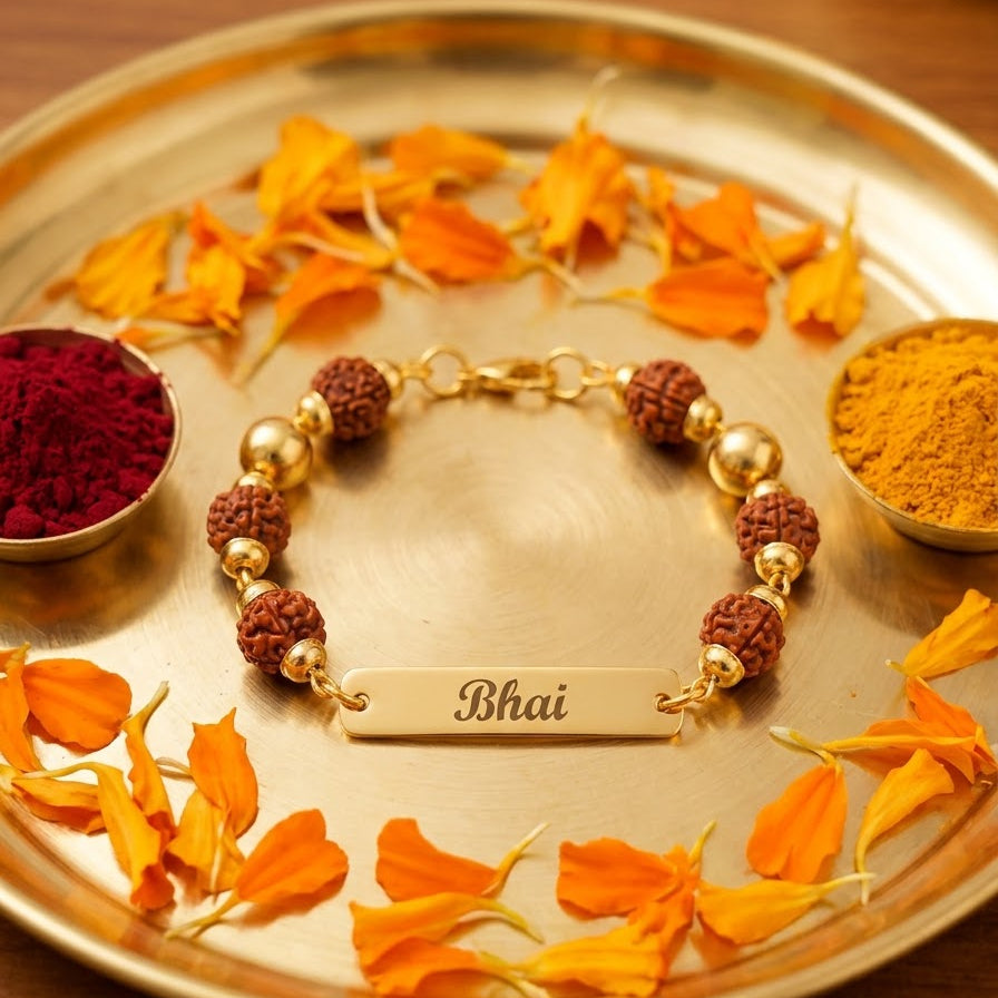 Personalised Rudraksha Gold Name Rakhi
