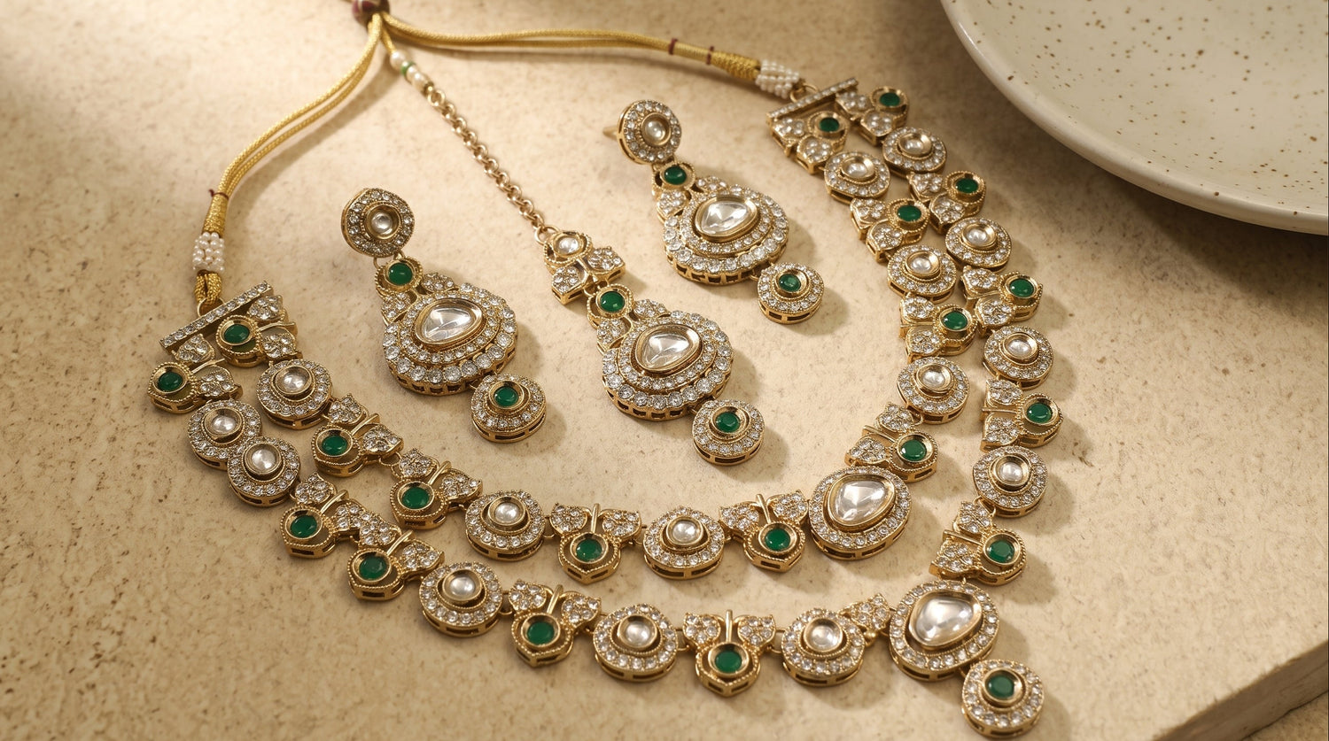 Emerald Royale Kundan Polki Bridal Necklace Set
