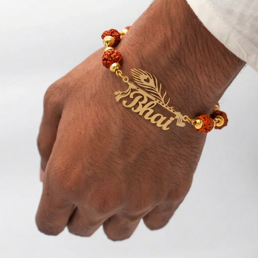 Personalised Morpankh Rudraksh Golden Rakhi