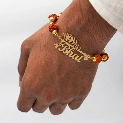 Personalised Morpankh Rudraksh Golden Rakhi